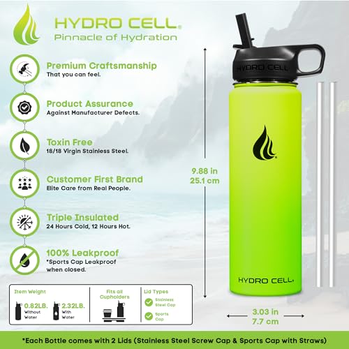 Image of HYDRO CELL Stainless Steel Insulated Water Bottle with Straw - For Cold & Hot Drinks - Metal Vacuum Flask with Screw Cap and Modern Leakproof Sport Thermos for Adults (Neon 24oz)