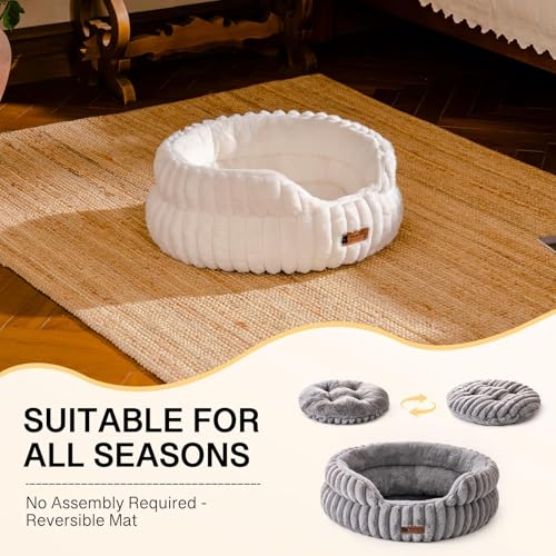 MEWOOFUN Stilvolle Katzenbetten für Katzen, weiches rundes Hundebett für kleine und mittelgroße Hunde, waschbares, beruhigendes Haustierbett (Beige, S)