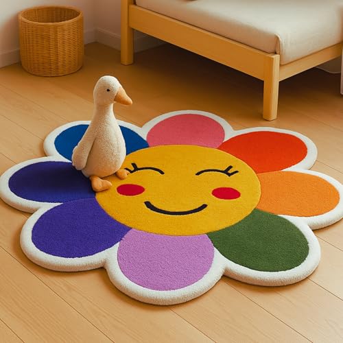 EtikaChange Tapis Rond Art Flower Kawaii 90 cm Artisanal - Multicolore, Ultra Doux, Chambre Enfant, Tapis Chambre de décoration Bébé, Laine Tuftée, Antidérapant, Entretien Facile