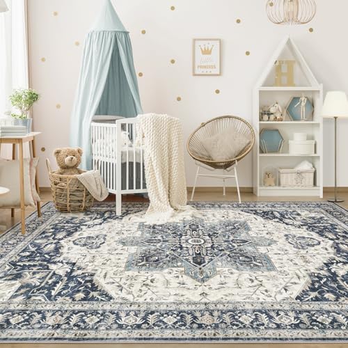 Tortania Area Rug Living Room Rugs - 8x10 Washable Boho Rug Vintage Oriental Distressed Farmhouse Large Thin Indoor Carpet for Living Room Bedroom Under Dining Table Home Office - Indigo