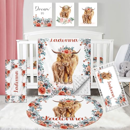 Personalized Baby Crib Bedding Set, Custom Name Blanket with Dotted Backing, 5 Piece Custom Gift Highland Cow Crib Bed Set for Baby Infant Shower Birthday, Floral Crib Bedding Gifts Style08