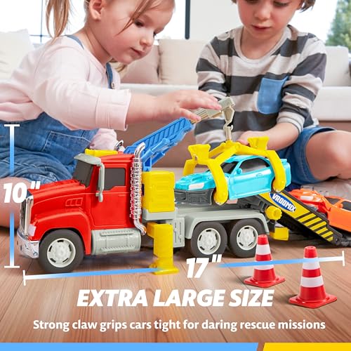 kids tow truck toys for 3 4 5 6 7 years old boys toddler car toys large truck with 2 transformation cars and multi-functional trailer crane with lights and sounds christmas birthday gifts