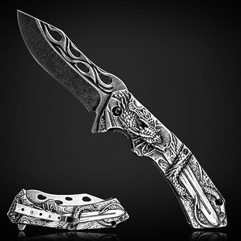 HOLYEDGE 3D Dragon King Collection 7.8in Tactical Folding Knife with 3.5in Blade - Best Outdoor Camping,Hunting,Fishing,Hiking Tactical Survival Knife Cover