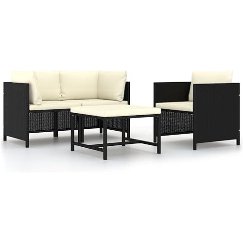 4 Piece Patio Sofa Set with Cushions Black Poly Rattan