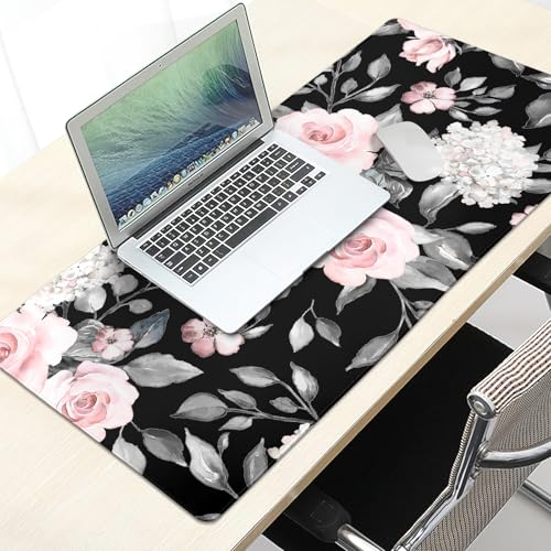 Image of Floral Extended Gaming Mouse Pad Non-Slip Rubber Base Black Large Mousepad 31.5x11.8in with Stitched Edge Waterproof Flowers Pads Computer Black Desk Laptop Mats for Work /Game /Office /Home