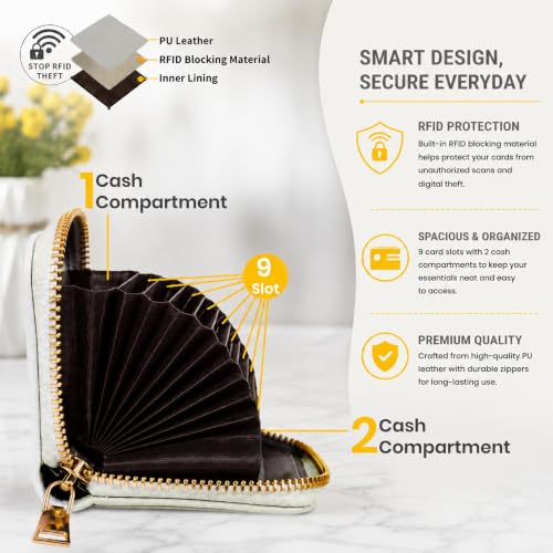 Image of Storite RFID Blocking PU Leather Card Holder Wallet for Women | 9 Slots Accordion Credit Card Case with 2 Money Compartments & Zipper Coin Pocket | Slim Travel Card Organizer Mini Purse (Light Grey)