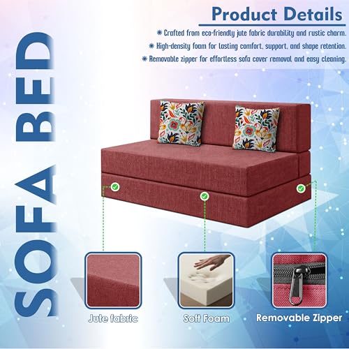 Image of Los Angeles Foldable Two Seater Sofa Cum Bed, Sofa Bed 4 X 6 Feet Jute Fabric Washable Cover- Including Cushion Perfect for Living Room - Red Color