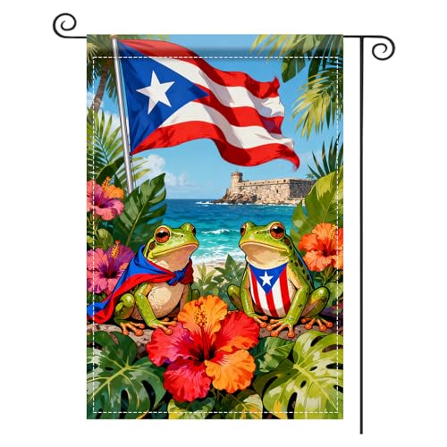 Image of Nuxovilar Puerto Rico Frogs Garden Flag 12x18 Inches Polyester | Puerto Rico Flag Frog Banner coqui frogs ornament holiday photo sign yard patio garden (Coqui Sea)