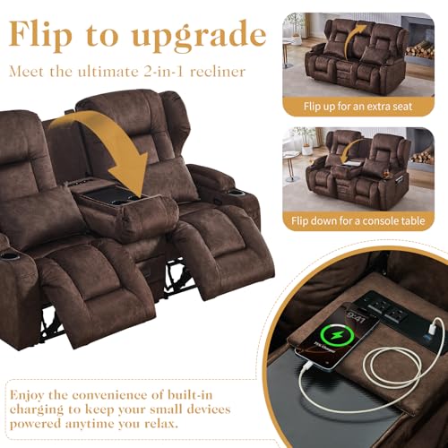Image of Loveseat Recliner Sofa with Flip-up Console,RV Wall Hugger Recliners for Small Spaces,Reclining Loveseat Sofa Recliner with Cup Holders /Lumbar Pillows,RV Furniture (Brown, 68 inch 2-Seater)