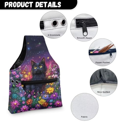 Image of ZUXONGSYBlack Cat Yarn Bags for Knitting Floral Yarn Storage Organizer for Crochet Portable Knitting Project Bag