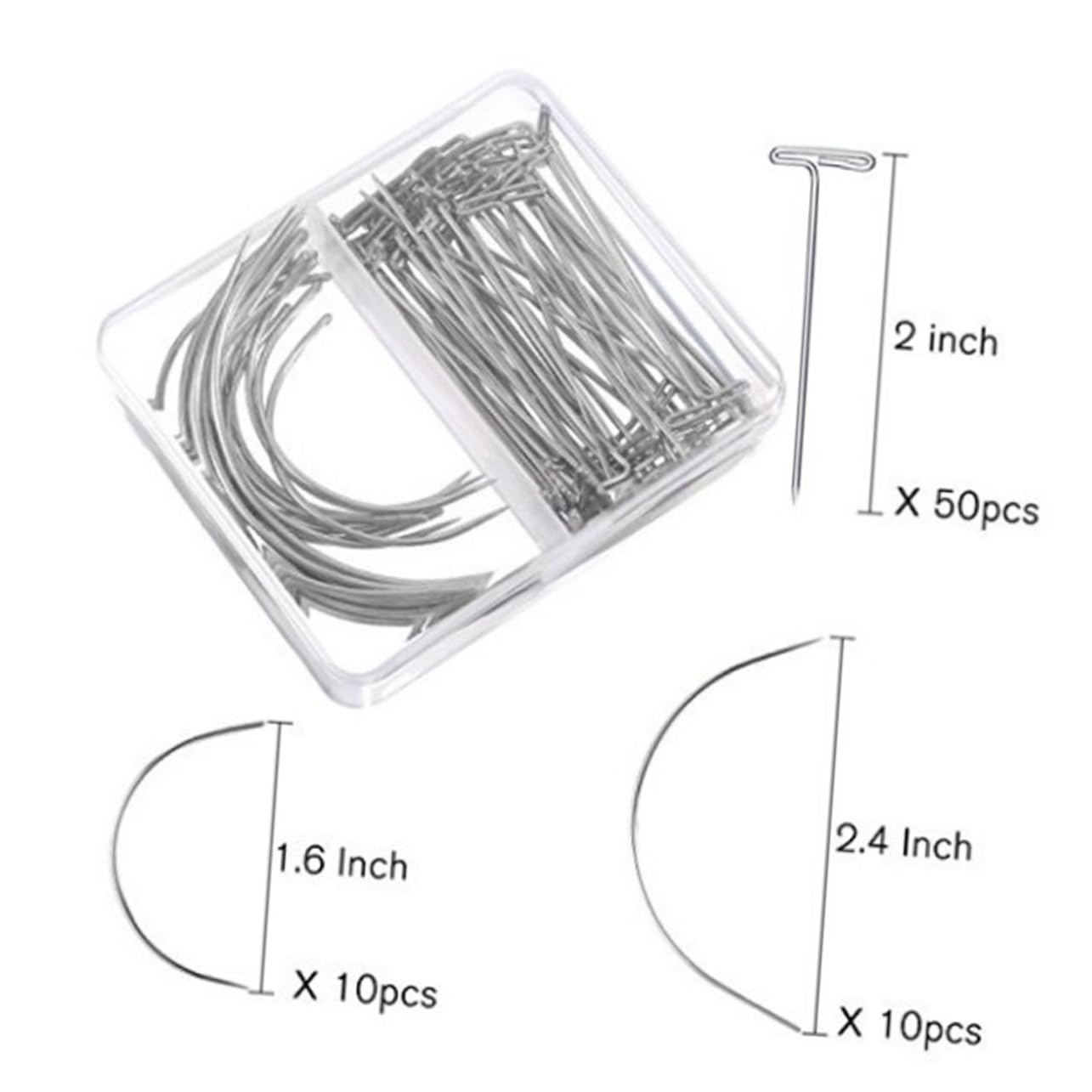 IWOWHERO 70Pcs C Type Curved Pin Set for Handmade Wigs T Pins with Storage Box T Pins for Styling Modelling Sewing and Crafts