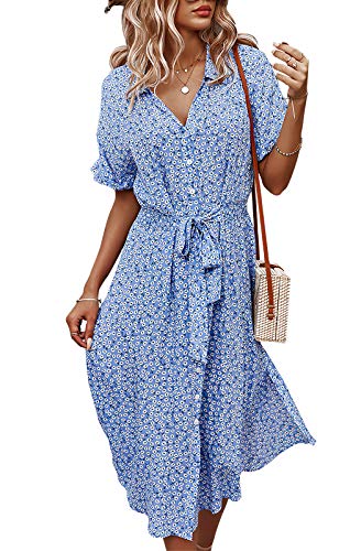 Femme Robe Col Montant Manches Courtes Midi Robe Dames d'été Floral Boutons Ceinture Jupe de Plage Chic Mode Ample Robe Bleu Cover