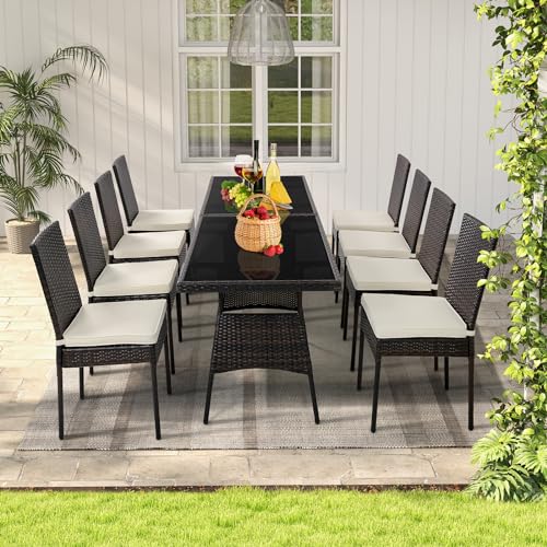 Tangkula 10 Pieces Wicker Patio Dining Set, Outdoor Rattan Table & Chairs Set with Padded Cushions, Patio Furniture Dining Glass Table Set for Balcony Patio Garden Poolside - Image 3