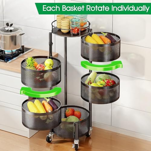 Image of HomeWiz 5-Layer Round Kitchen Trolley | Movable Storage Organizer for Fruits & Vegetables | Perforated Mesh Baskets with Solid Flat Top | Multipurpose Rack for Onion & Potato | Rust-Resistant | Black