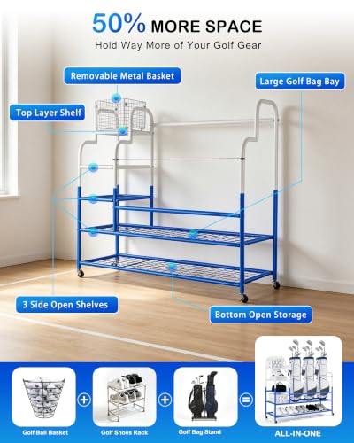 Image of Golf Bag Storage Garage Organizer for 3 Bags, Golf Storage Rack with Wheels | 50% More Space Multi-Zone, All-In-One Compact 5-tier Upscale Sporty Heavy-Duty Rack, 4 360 Casters,Movable Basket,Golf Gifts