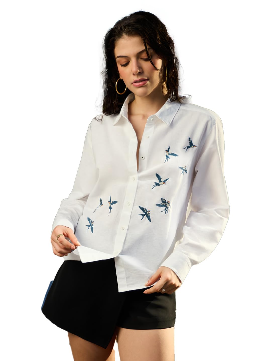 The Souled Store Camicia in cotone e lino: The Swallows donne e ragazze a lunghezza intera, colletto spalmato bianco ricamato cotone lino vestibilità comoda traspirante leggera comoda camicia per