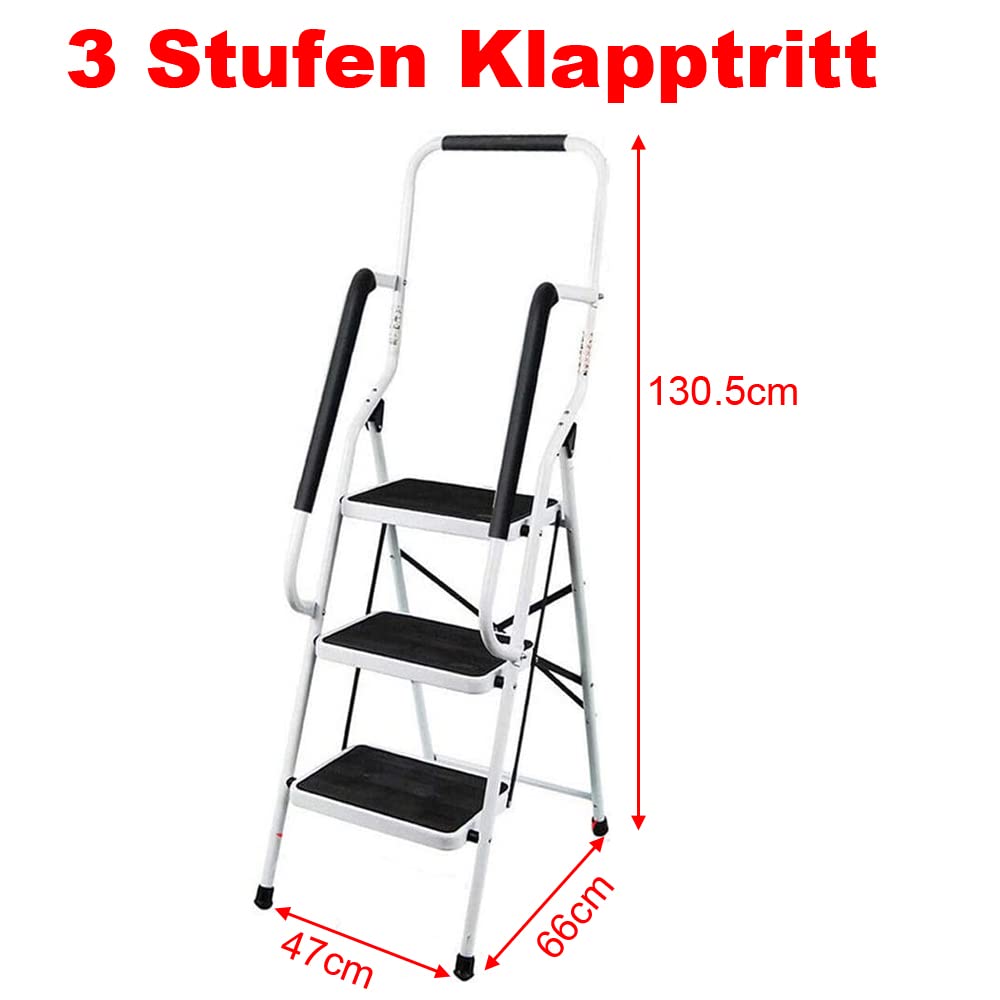 Escalera plegable de 3 peldaños, de acero aleado, con pasamanos y pies de goma antideslizantes, escalera plegable, fácil de guardar y transportar, soporta hasta 150 kg