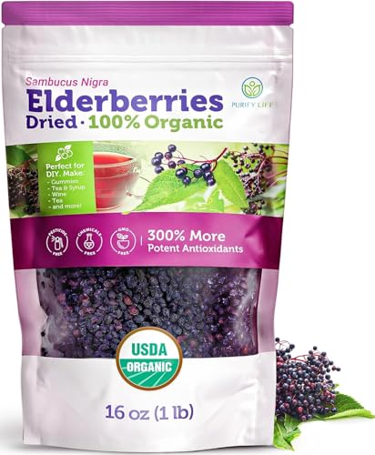Certified USDA - 100% Organic Dried Elderberries - 1lb Bulk - Non-Irradiated, Non-Gmo, Whole Black...