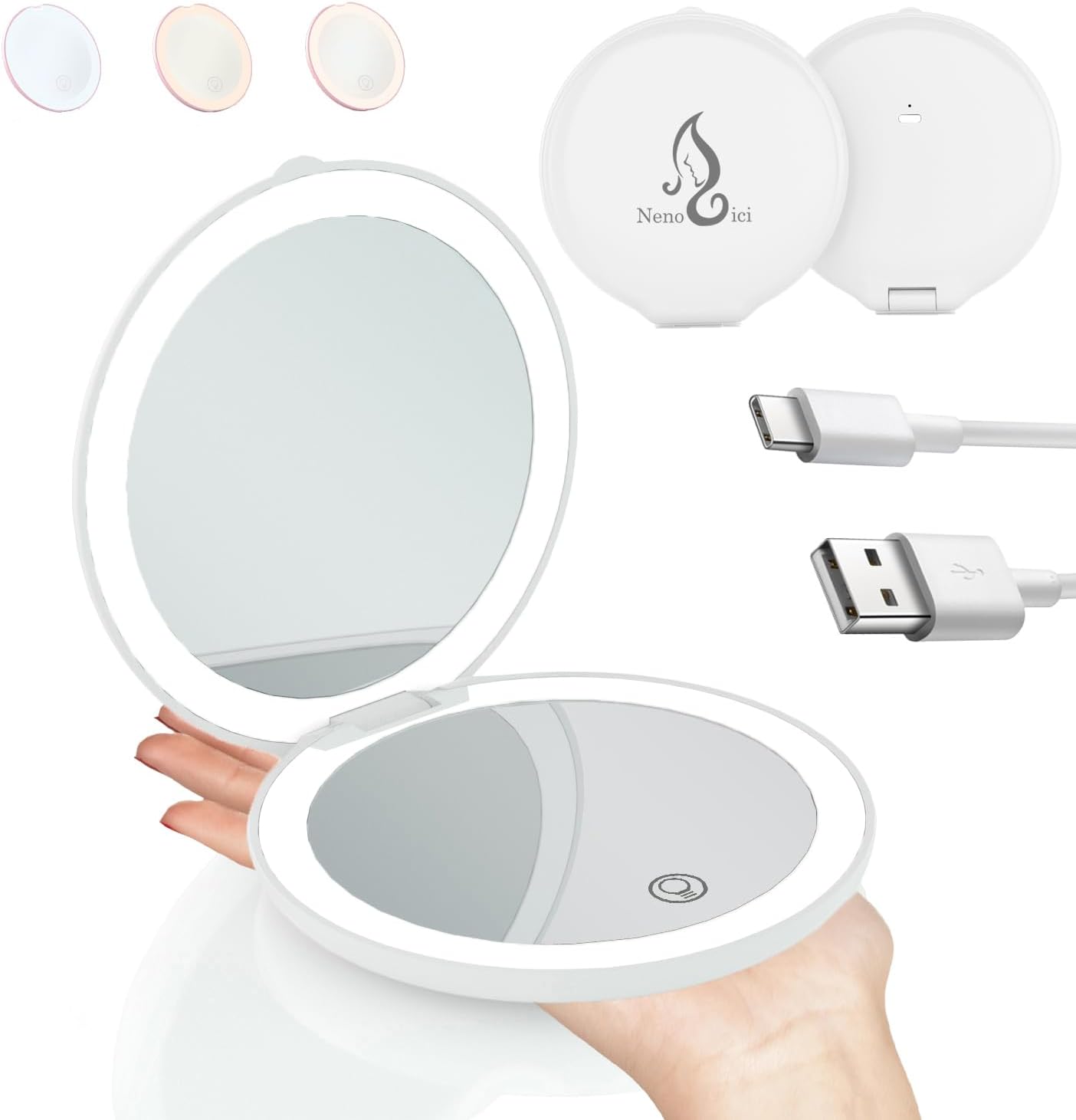 Travel lightweight and magnification of 1X/10X, 4.8-inch rechargeable double-sided light makeup mirror, 3 light colors, adjustable brightness for women, white White Plastic