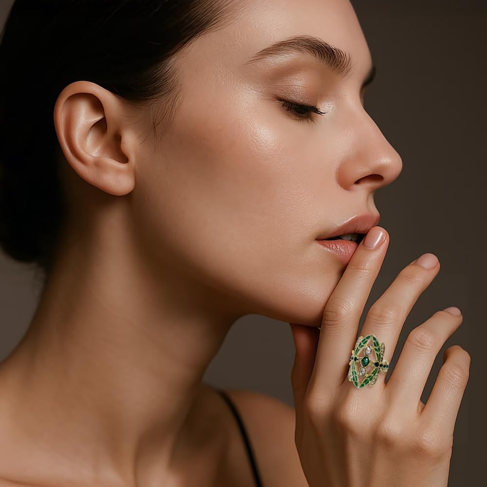 Dtja Crystal Green Dragonfly Statement Ring for Women Gold Plated Vintage Insect Animal Finger Rings Comfort Fit Boho St.Patrick's Day Holiday Wedding Birthday Accessories Jewelry Size 8