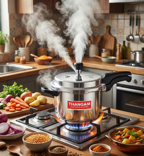 Image of Thangam Aluminium 5 Ltr Pressure Cooker | ISI Certified Heavy Gauge Cooker for Gas Stove | Durable Virgin Aluminium Body | Fast Cooking Silver Kitchen Cookware (5 Litre)