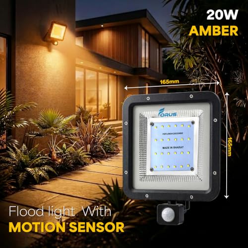 Image of Forus 20W LED Flood Light Amber with Motion Sensor Auto On Off Day Night Mode Waterproof Outdoor Security Light for Garden Parking Garage Factory Warehouse High Bright Floodlight 4Yr Warranty-1Pc