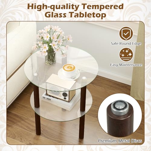 Image of GIANTEX Round End Table, 2-Tier Sofa Side Table with Clear Tempered Glass Top & Shelf, Small Accent Table with Solid Rubber Wood Legs for Living Room Bedroom Home Office (Brown & Clear)