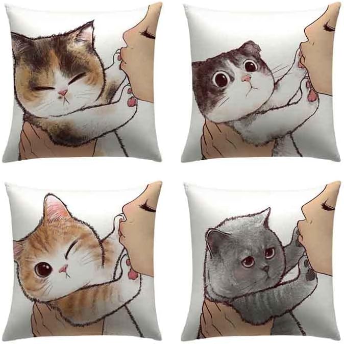 LITVACK Decorative Pillow Cover Set of 4 Cute Cat Throw Pillow Cover Cushion Cover Pillow case 18 x 18 Inch
