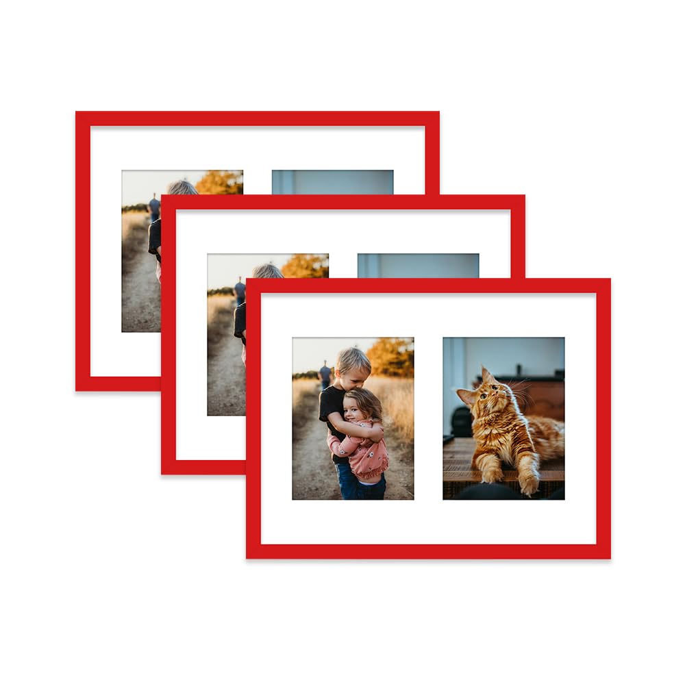 Red Multi Photo Frame - Holds 2 x 8x6 Pictures, Family Collage Picture Frame for Wall Display, 16x12 Frame size, Set of 3