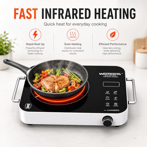 Image of WelTherm Premium 2200W Infrared Cooker with Grill, Touch Panel & Rotary Knob Controller, Adjustable Temperature & Power Levels, Works with All Cookware,Side Handles, Portable Electric Cooktop