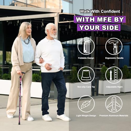 Image of MFE Folding Cane, Portable 5-Level Adjustable Height Walking Stick with Foldable Design, Wrist Strap, and T Handle for Men and Women, Purple Floral