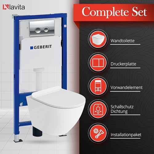 Lavita Duofix Basic Vorwandelement + Wand Tiefspül WC Sofi Slim Weiß Spülrandlos + WC Sitz + Bedienplatte Delta 25 Verchromt Knopf Komplettset Unterputz Spülkasten Toilette Komplett Sett WC – Bild 3