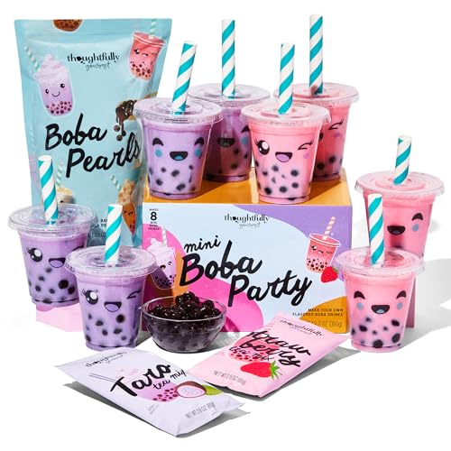 Thoughtfully Gourmet, Mini Boba Pearl Party Set, Makes 8 Tasting Portions of Bubble Tea, Includes 2 Flavors, Cups, Lids, Straws, &amp; Cup Stickers