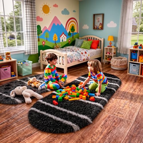 Image of Vasrug Luxury Soft Shaggy Bedside Ovel Rug - Geometric Design | Plush High-Pile Bedroom Carpet, Pack of 1 Pic, 2x9 Feet, (AA10)