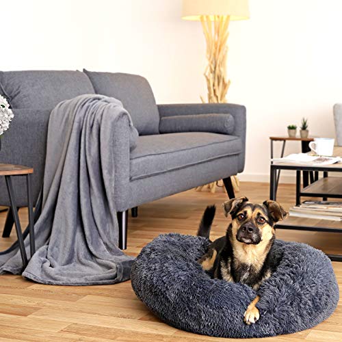 lionto Donutbett für Hunde und Katzen, Flauschiges Hundebett rund für kleine und große Heimtiere, Ø 70 cm, weiches Katzenbett aus kuscheligem Plüsch, Hundekissen mit extra Dicker Füllung, dunkelgrau