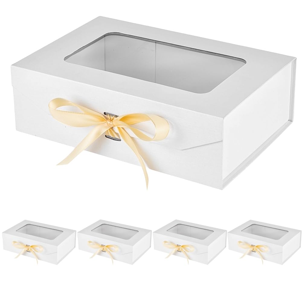 PLINJOY 5 Pcs White Gift Box for Presents with Ribbon 10.8x7.5x3.5 Inches Clear Gift Box with Window Magnetic Closure Gift Boxes with Lids