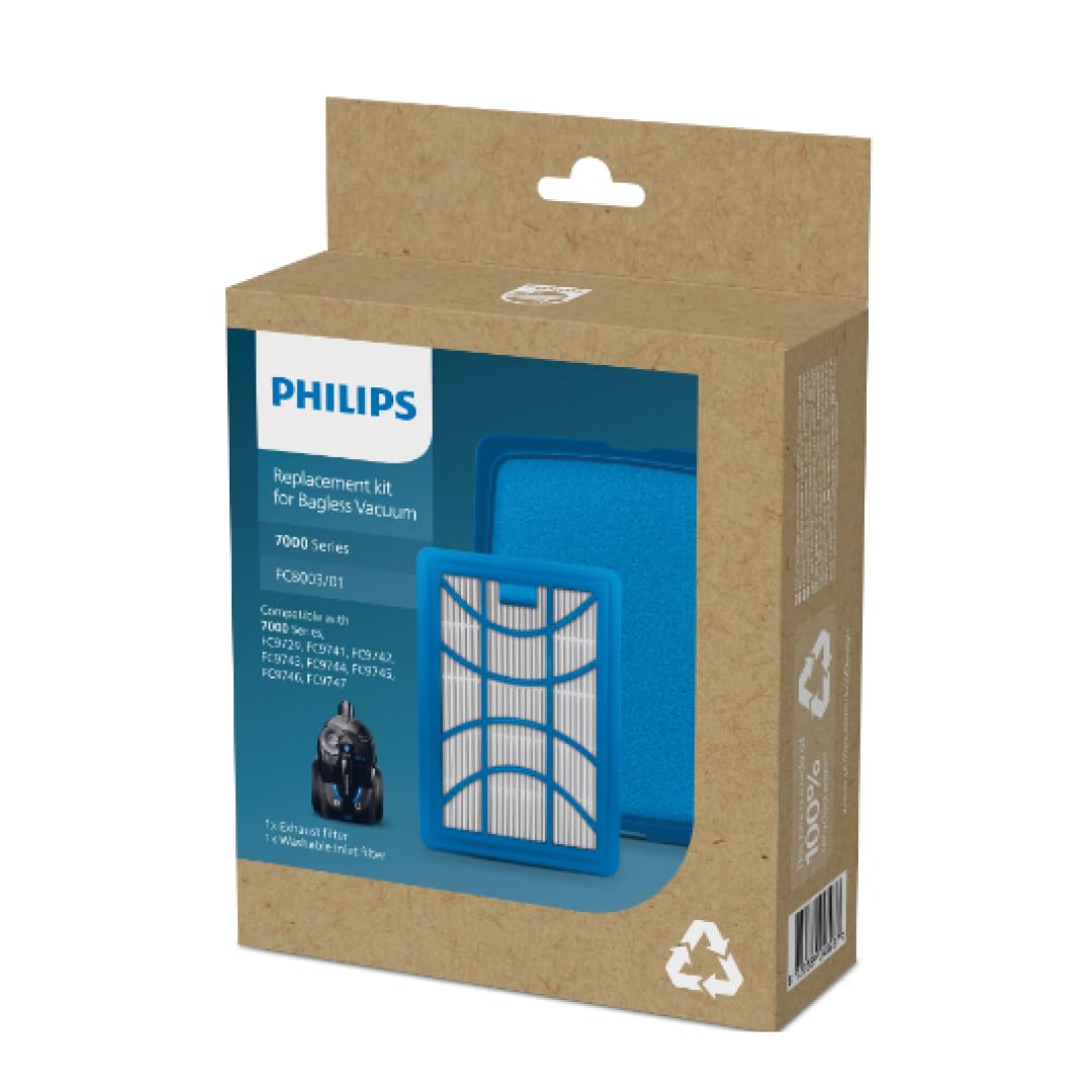 Philips zestaw do wymiany filtra do odkurzaczy bezworkowych Philips serii 7000, zmywalny filtr wlotowy i filtr wylotowy, zwiększa wydajność, utrzymuje efektywność przepływu powietrza (FC8003/01)