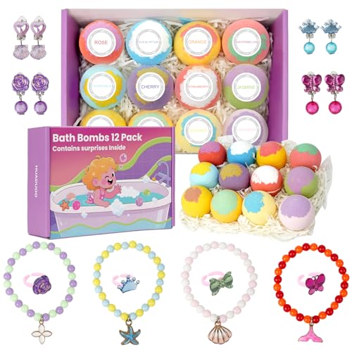 12 Pack Bath Bombs for Kids Girls with Surprise Toys Inside Fun Kids Safe Handmade Natural Bubble Spa Bath Ball with Jewelry Toys Bath Bomb Gifts for Birthday Christmas Holiday for Girls Ages 3-12