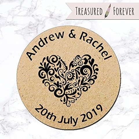35 x Personalised Wedding Shabby Brown Kraft Effect Favour Round Stickers (35mm) Hearts (Design 1 - Black) Cover