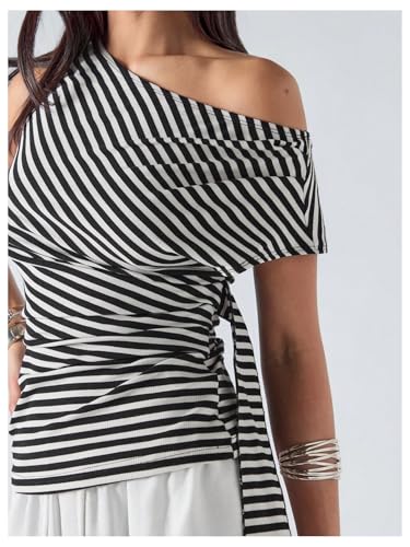 SHENHE Women's Striped One Shoulder Top Ribbed Knit Short Sleeve Ruched Draped Dressy Going Out Shirt2