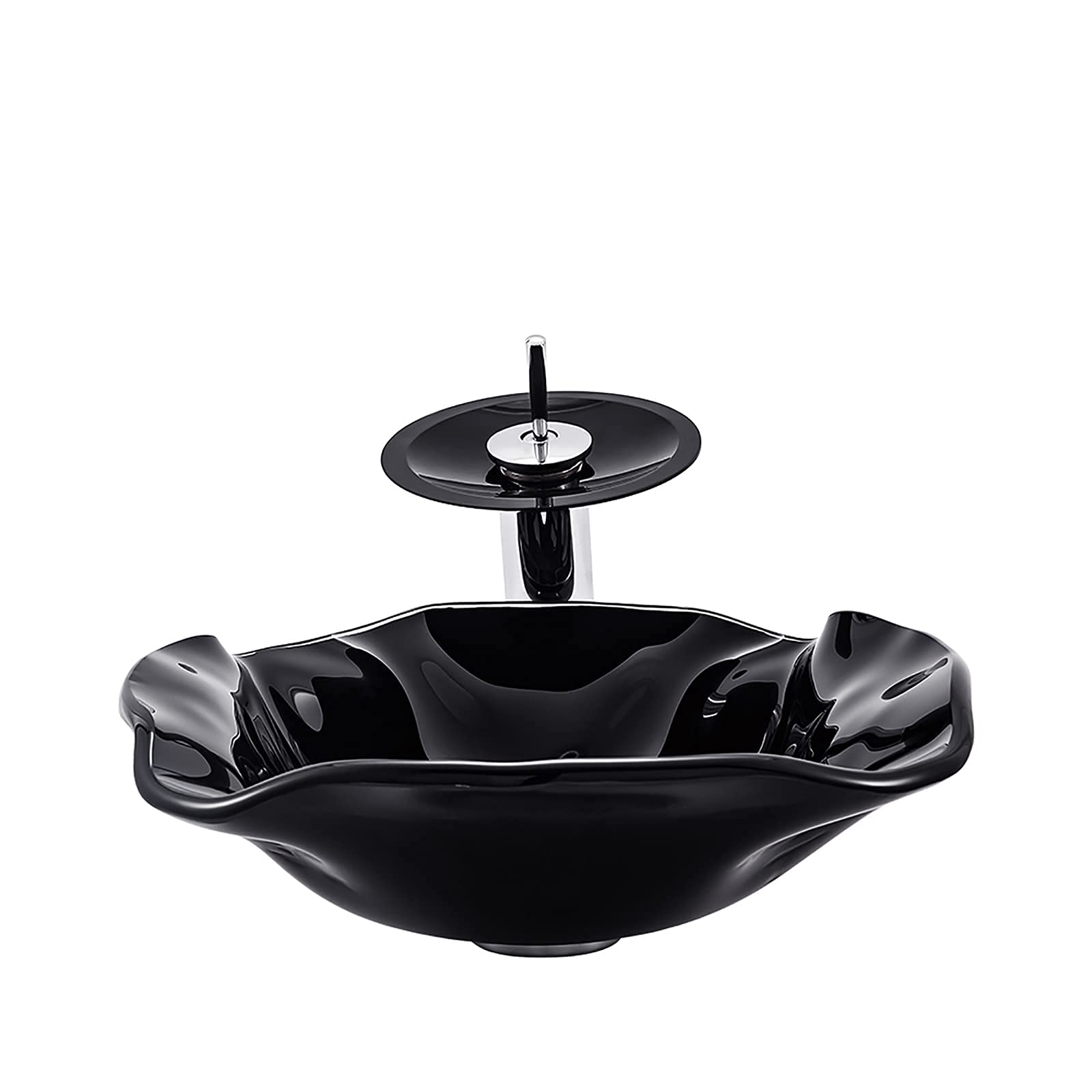 Fregadero de baño con combinación de Grifo y desagüe, Lavabo de contenedor, Lavabo sobre encimera de Vidrio Templado, Lavabo sobre encimera de Cuenco Negro de Forma Irregular