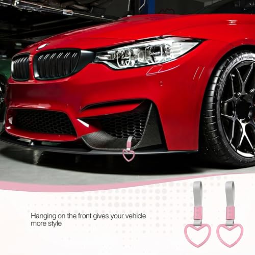Image of 2PCS Heart Shaped Car Handle Straps, Rear Bumper Warning Keychain Ring for Car Exterior Accessories (Pink-Silver)
