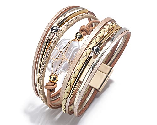 Image of Fesciory Leather Wrap Bracelets for Women, Boho Leopard Multi-Layer Crystal Beads Cuff Bracelet Jewelry
