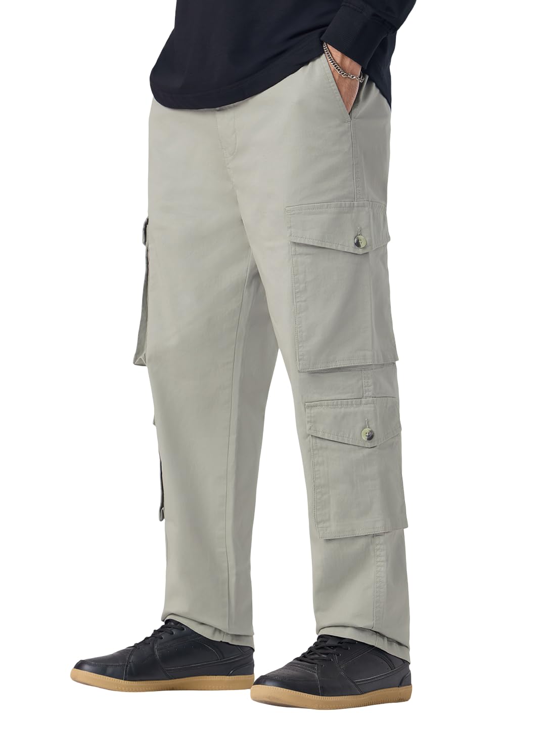 Graphite Fade Men and Boys Buttoned Waist Solid Cotton Twill Lightweight Stretchable Functional Pocket Straight Fit Cargo Pants-image-49
