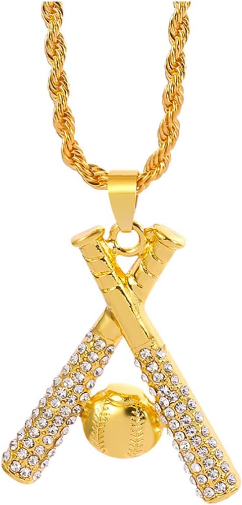 AZYOUNG Men’s Many Zircons Inlaid Golden Crossed Baseball Bats and Ball in one Pendant Twist Chain Necklace,23.6+1.41’’