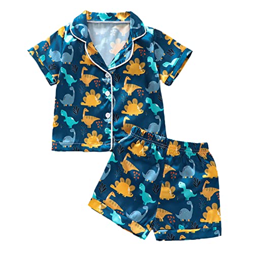 Qiylii Toddler Baby Boy Silk Pajamas Cow/Dinosaur Satin Pajamas Set Short Sleeve Button-Up Top Shorts 2PC PJs