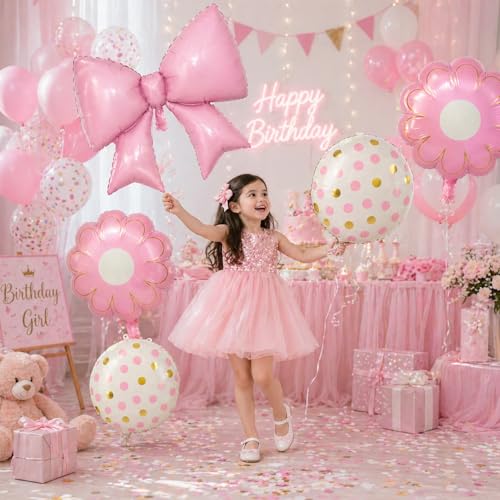 Image of Rozi Decoration Pink Bow Foil Balloon Set with Flower & Printed Round Balloons, 5 Pcs Birthday Decoration Kit for Baby Shower, Girls Party & Pastel Theme Celebration