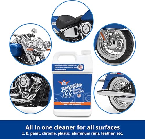 Image of Shinykings Motorcycle Cleaner Wash&Shine 66 | WATERLESS BIke Wash with Ultra Shine Finish | Powerful Motorcycle Detailing Spray for All Surfaces | Bike Cleaner California | 1 Gallon