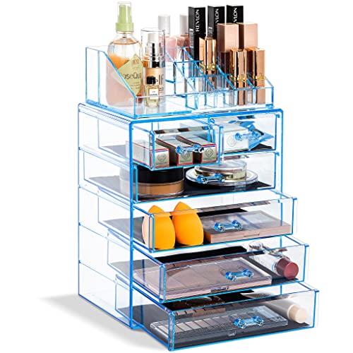Image of Sorbus Acrylic Makeup Organizer Set, 6-Drawer Vanity & Countertop Cosmetic Storage with Small & Wide Compartments, Blue Brilliance Makeup Storage for Brushes, Jewelry - Holiday Gift for Women & Teens