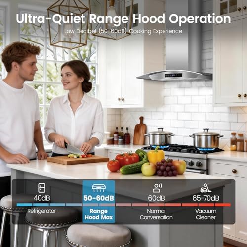 VENFAN 36 inch Wall Mount Range Hood, 1200 CFM Stainless Steel & Tempered Glass Vent Hood with 8-Speed Gesture Sensing and Touch Control, Dishwasher-Safe Baffle Filters, Delay Shutoff Timer - 2